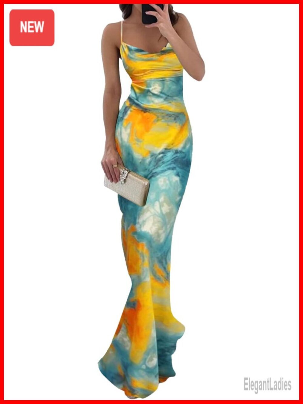 Tie Dye Spaghetti Strap Backless Mermaid Maxi Dress Bodycon Slip Gown